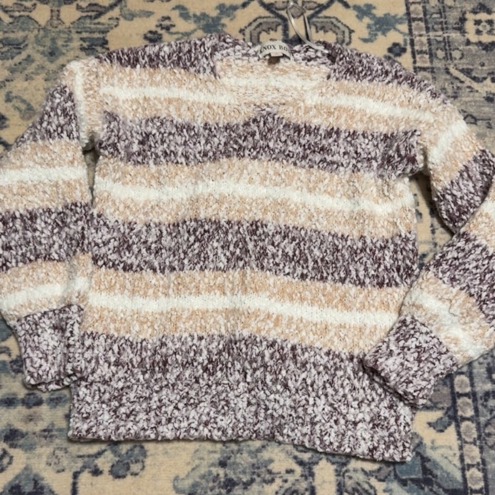 Knox Rose Cream and Brown Crew Neck Sweater with Chunky Knit